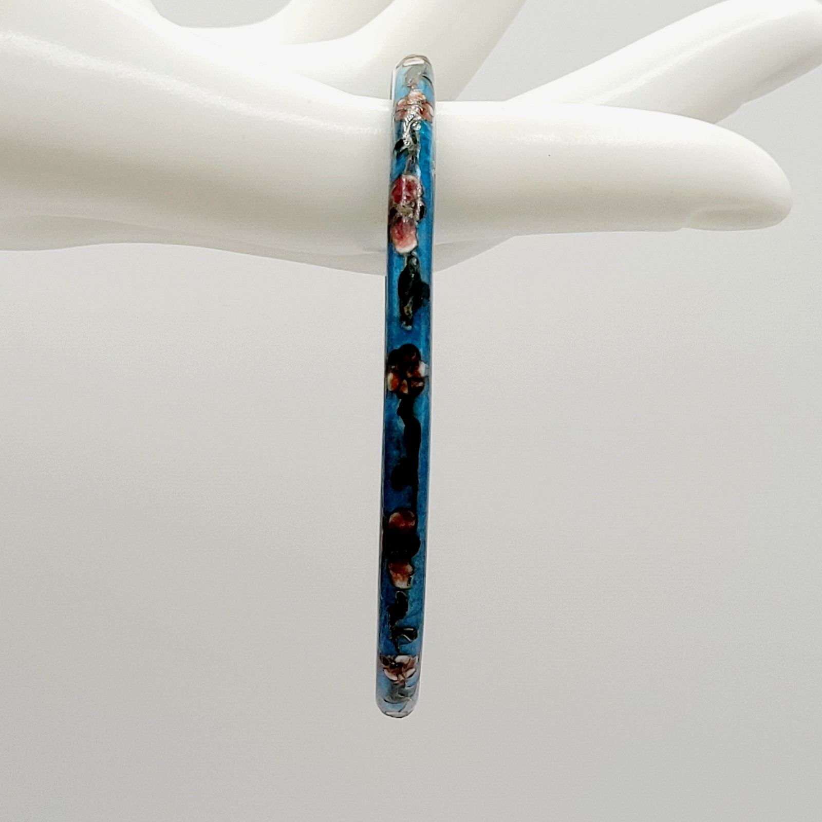 Cloisonné Light Blue Enamel Floral Hand Painted Asian Inspired Bangle Bracelet