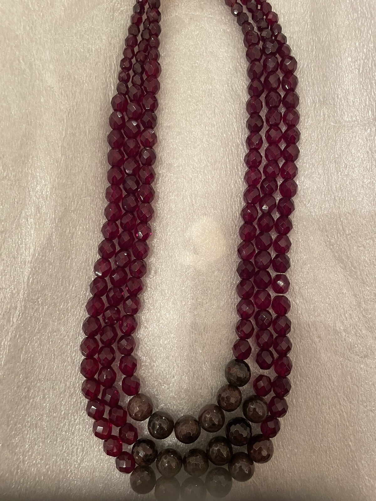 Retro Bordeaux Garnet Czech Fire Polished Faceted Crystal Bead 3-Strand Necklace