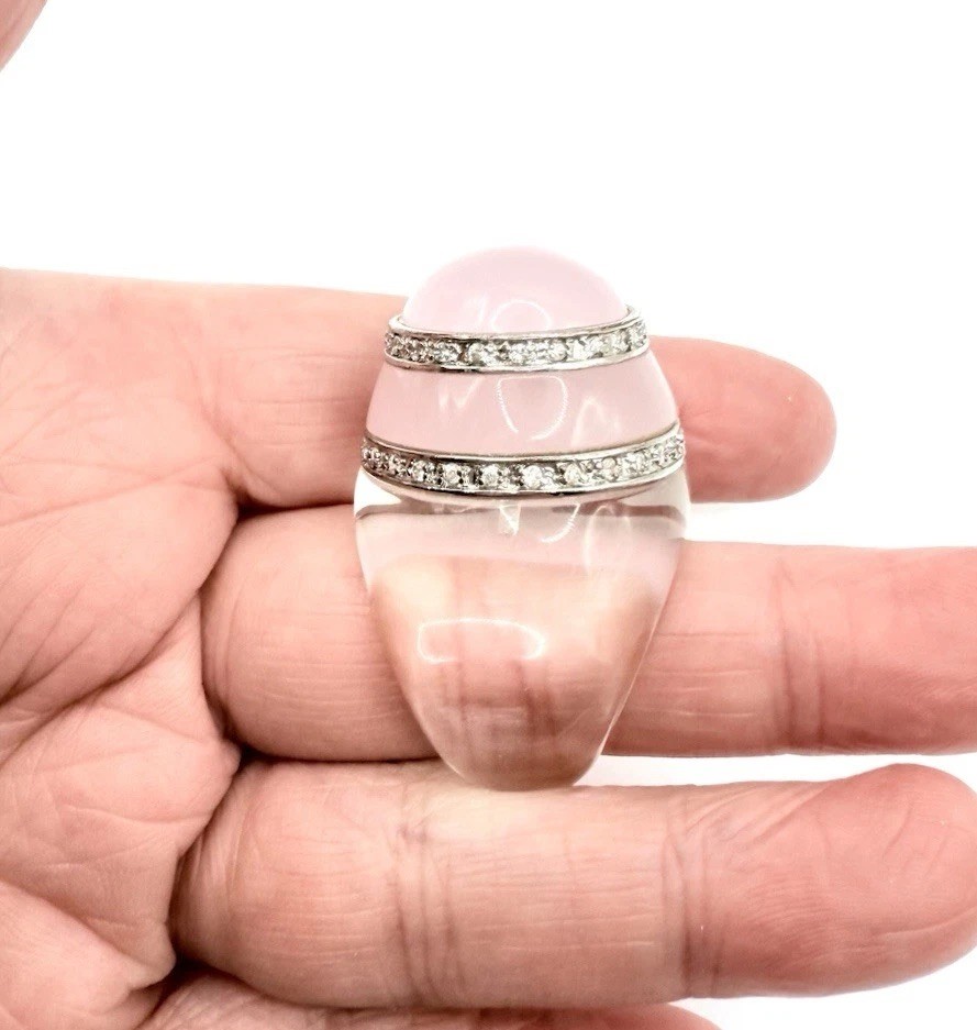 Enormous Rose Quartz White Sapphire Glass Statement Ring Sz 8 Vintage Jewelry