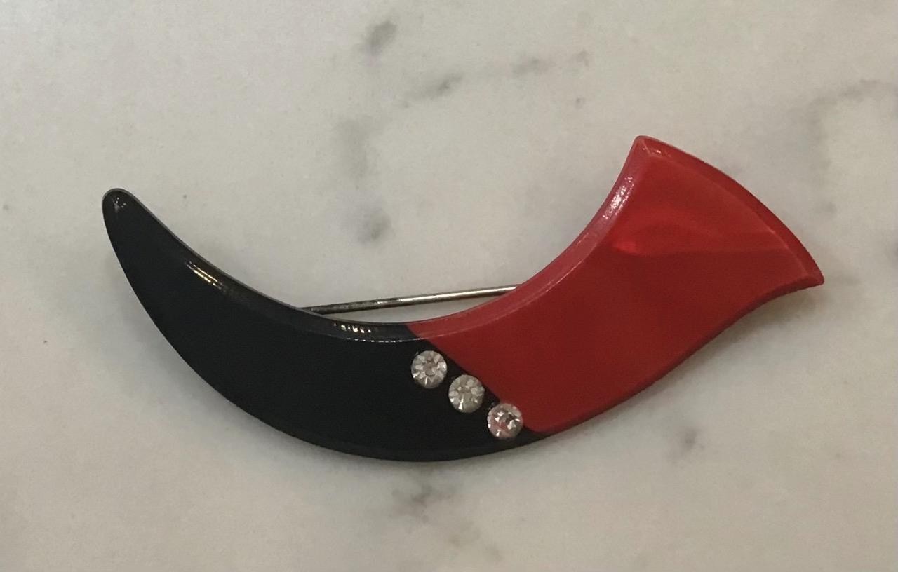 Vintage Art Deco Red/Black Celluloid & Rhinestones 3” Lapel or Hat Pin or Brooch