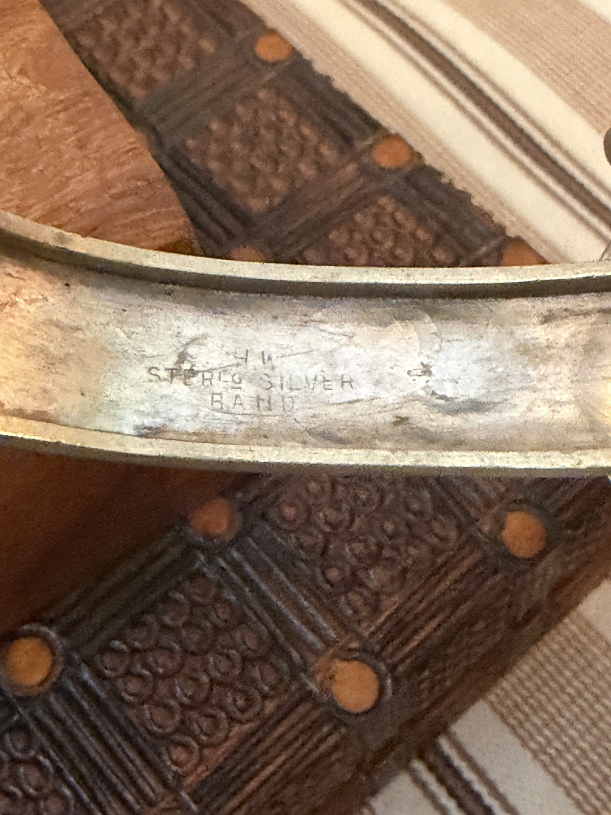 Sterling Silver Hinged Buckle Bangle Bracelet Etched Floral Signed HW