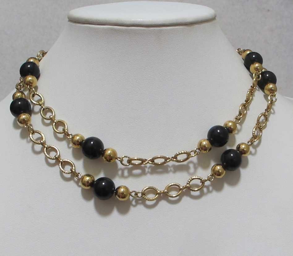 Vintage MONET Gold Tone Oval Links Black Bead Sister Clasp 34” Station Necklace