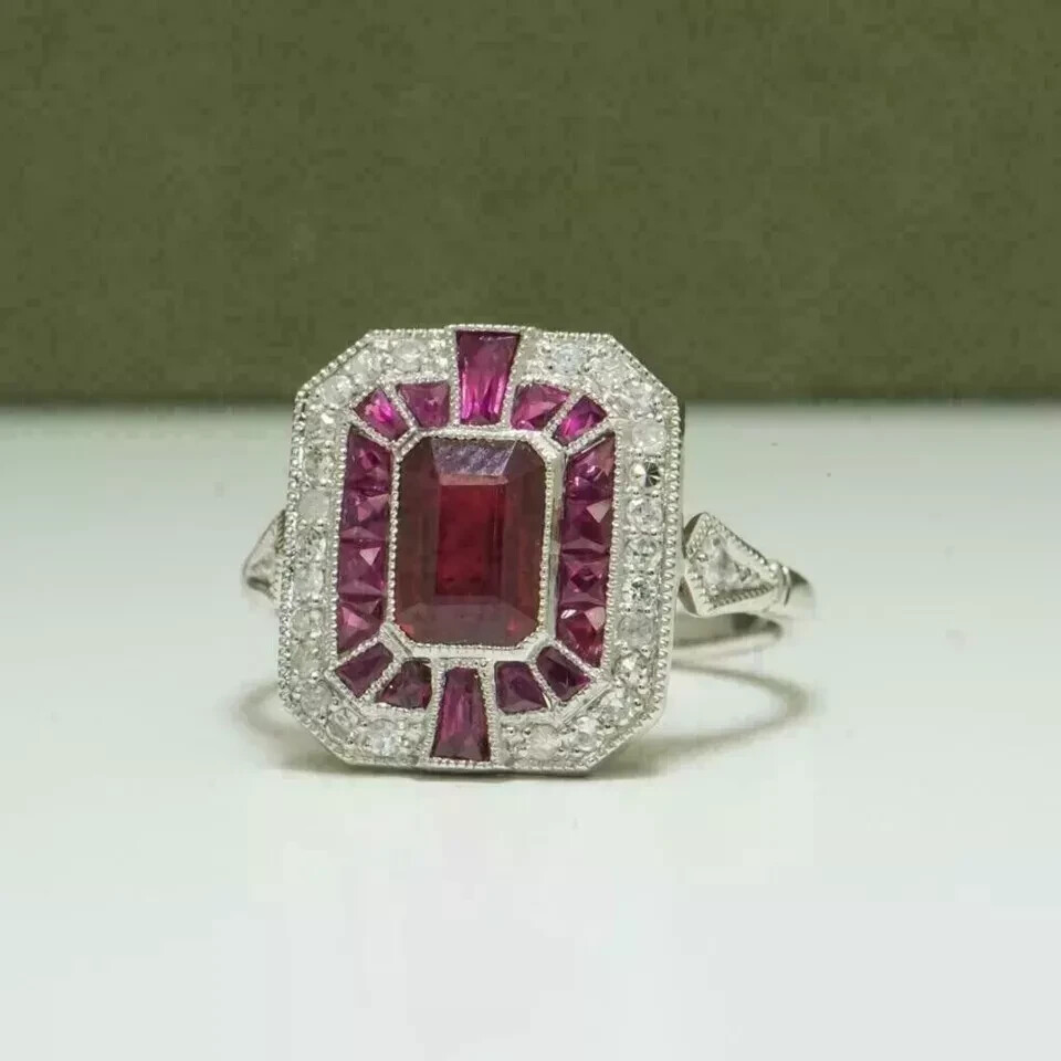 Art Deco Style Ruby & Lab Created Diamond Engagement Ring 14k White Gold Finish