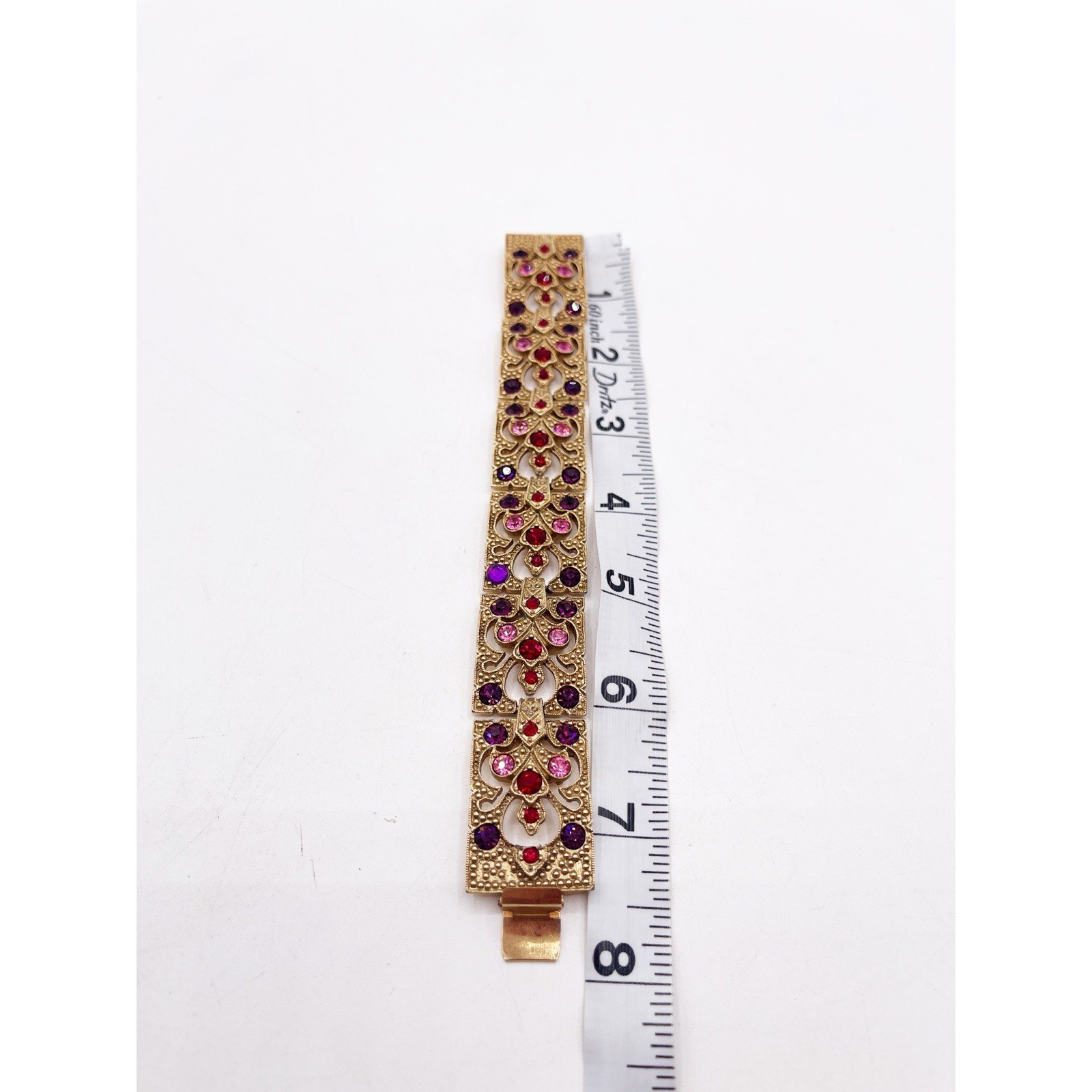 Vintage Gold Tone Panel Bracelet Openwork Filigree Red Purple Pink Rhinestones
