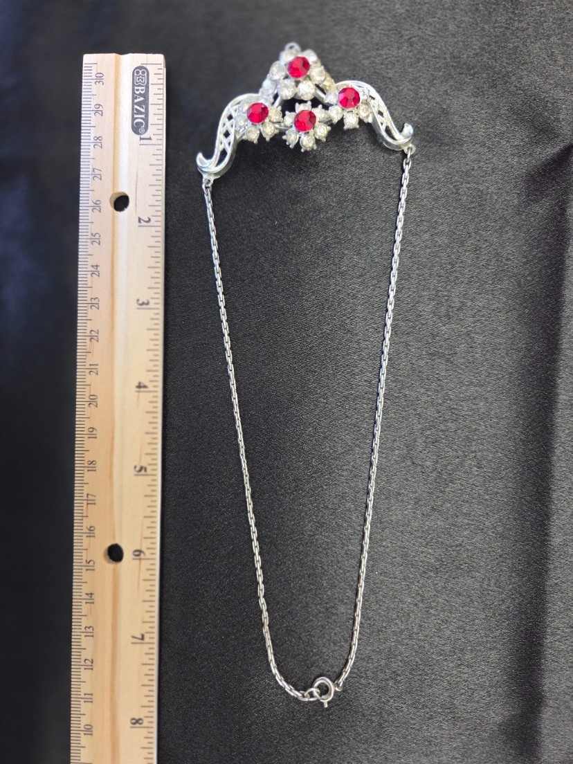 Vintage Style Silver Tone Filigree Necklace with Red Stones – Ornate Statement P