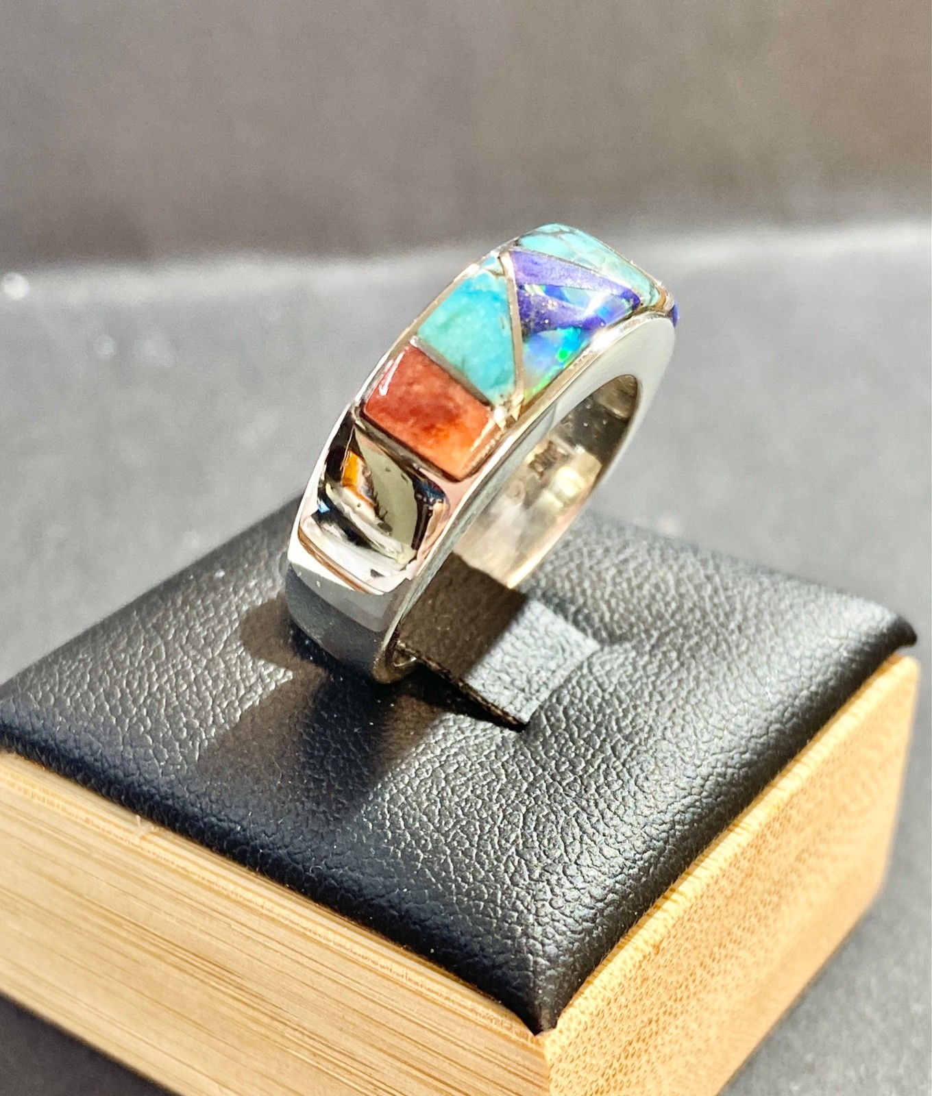 Vintage Sterling Navajo Earl Plummer Multi-Stone Channel Inlay Ring Size 7.5