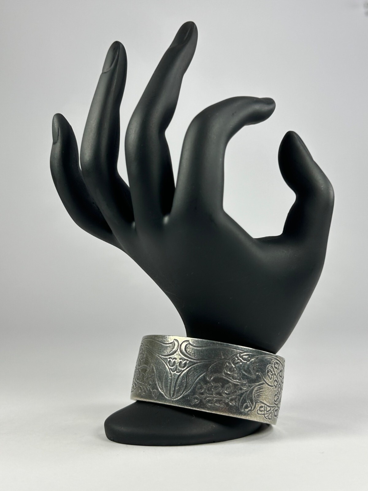 SALISBURY Pewter Cuff Bracelet MAY Birth Flower Lily of the Valley Engraved VTG