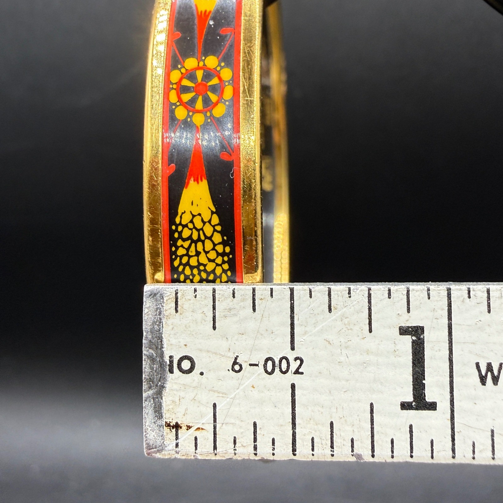 Hermes Vintage Enamel Bangle Bracelet Women Gold Red Yellow Floral Narrow