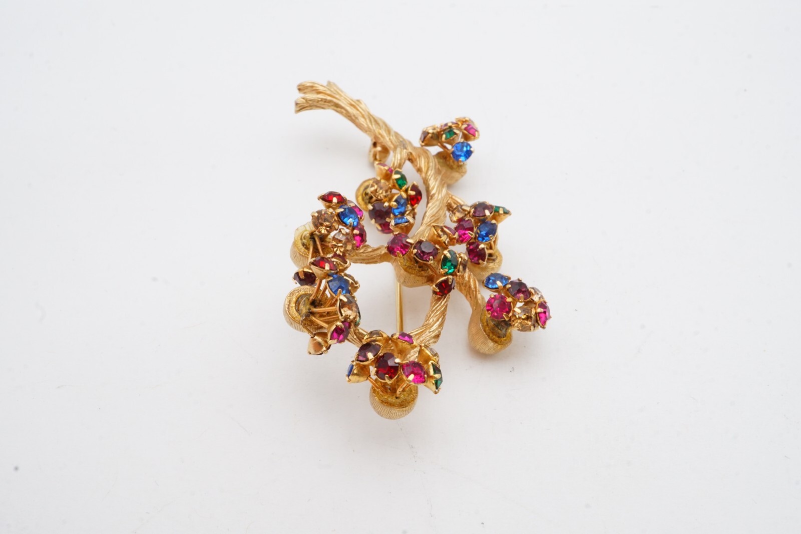Vintage Brooch Pin Gold Tone Rhinestone Branch Blue Green Red