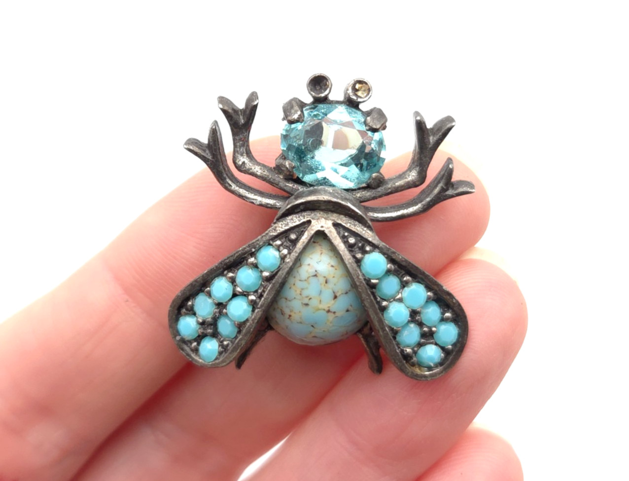 Vintage WEISS Blue Glass Rhinestone Faux Turquoise Bee Bug Beetle Brooch Pin