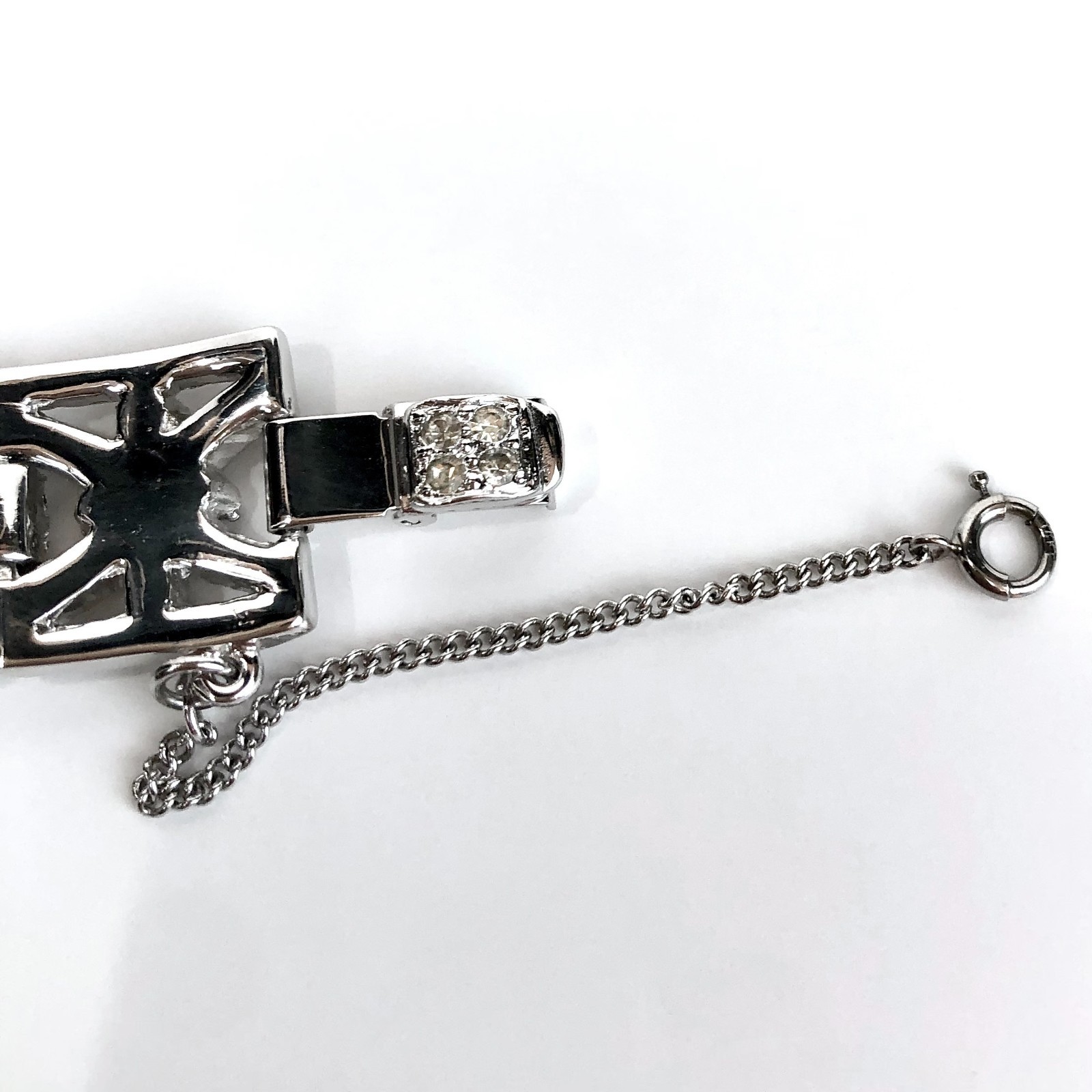 Vintage Art Deco Rhinestone Bracelet Geometric Panels Safety Chain Clasp