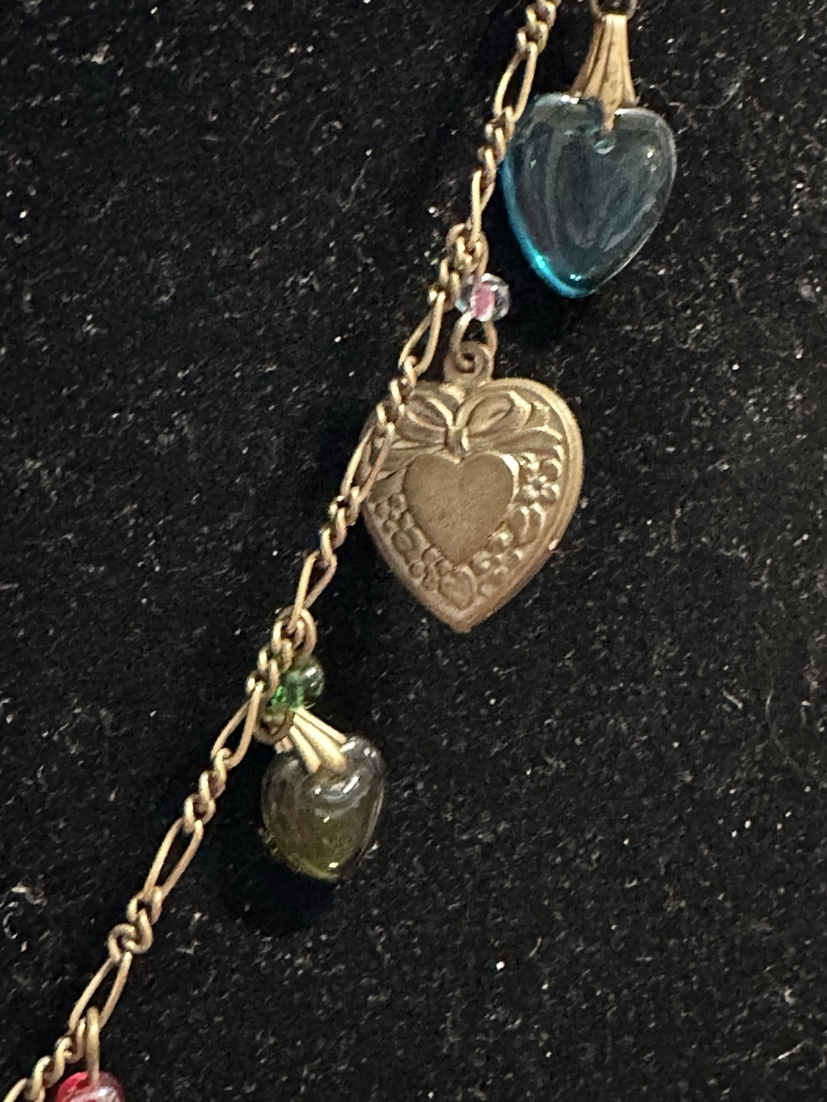 Vintage Glass Works Studio Glass & Brass Heart Charms Multi Color Necklace