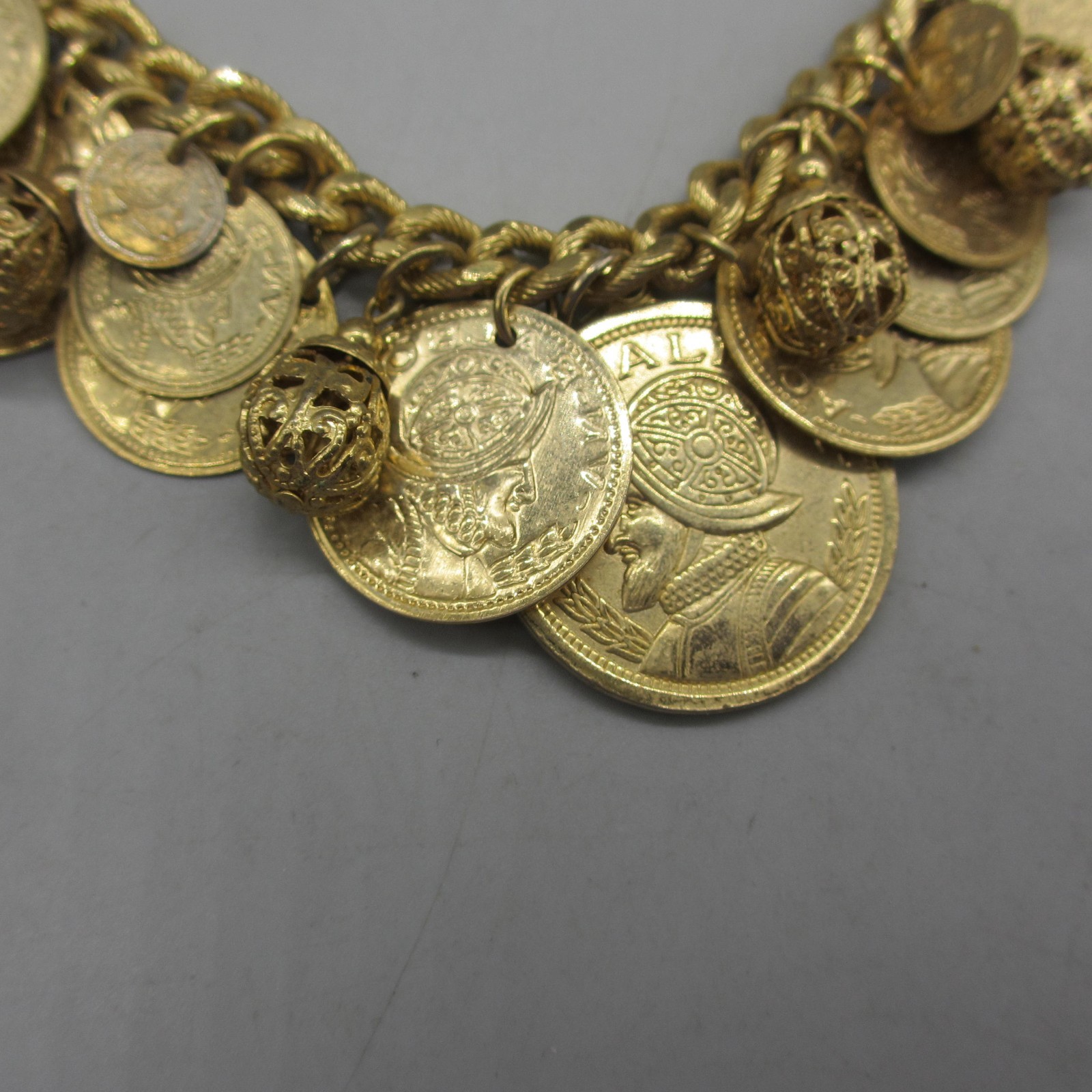 Vintage Faux Coin Necklace Charm Dangle Roman Soldier Gold Tone 18 Inch