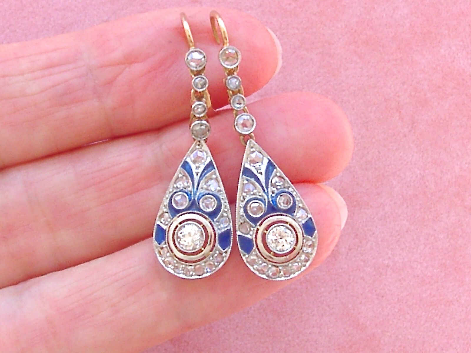 ART DECO 1.04 ctw EURO & ROSE DIAMOND BLUE ENAMEL 18K PLATINUM EARRINGS 1920