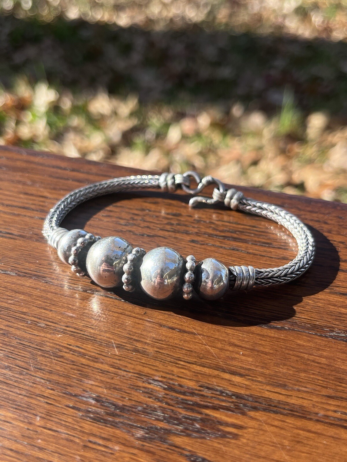 Vintage Sterling Silver Wheat Link Beaded Bracelet