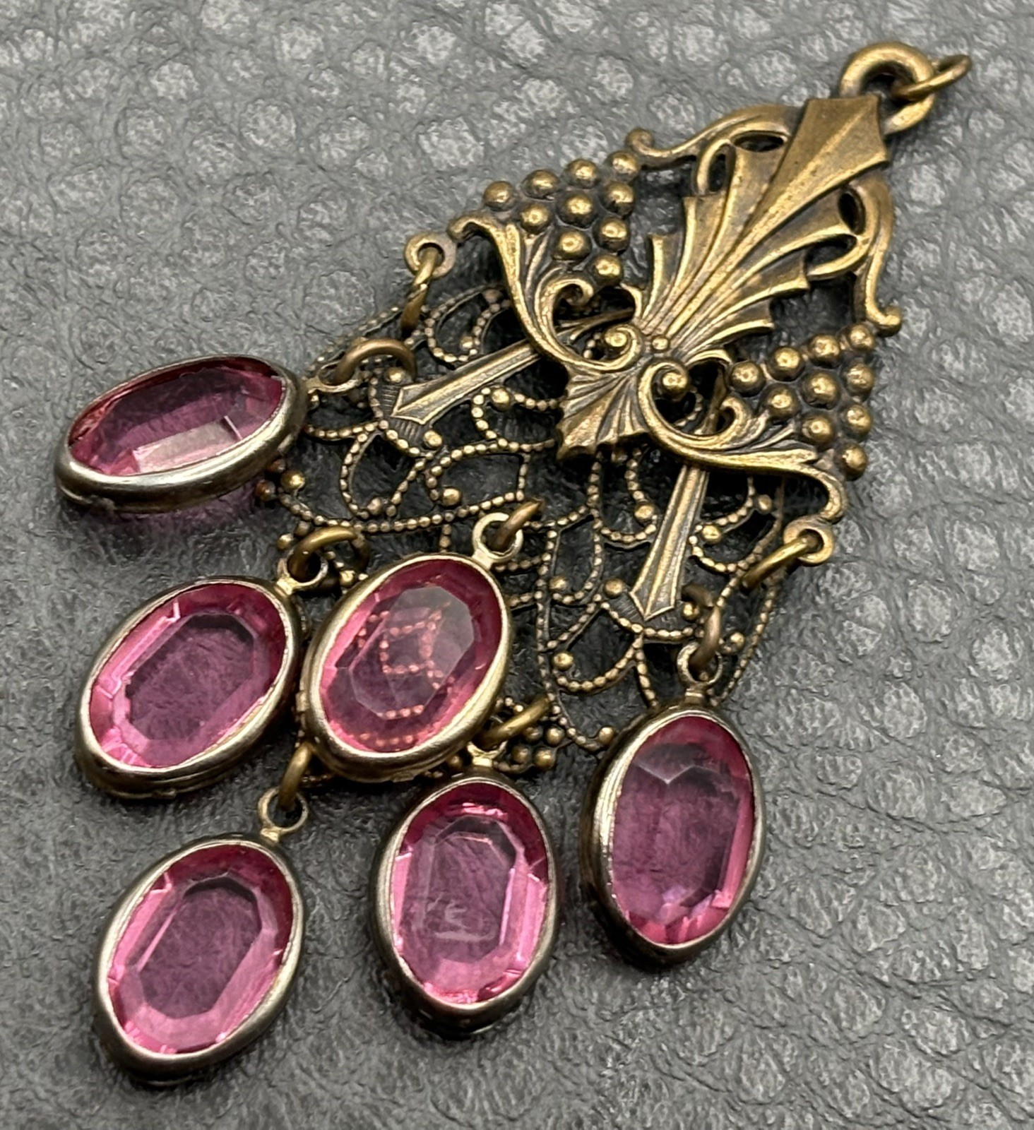 VTG Nouveau Revival Brass Tone Crystal Station Pendant Filigree Chandelier Style