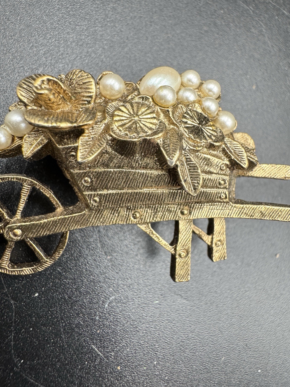 Vintage Flower Cart Brooch Gold Tone Faux Pearl Wheelbarrow Pin Floral