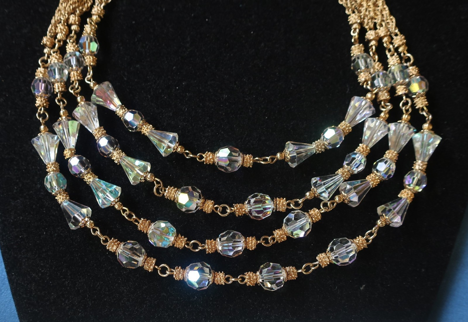 Statement Vendome Swarovski Crystal Beads Gold Plate Metal 4 Strand Necklace 18″