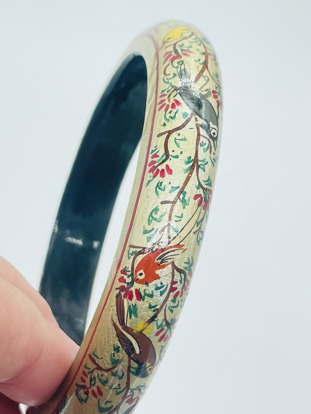 Vintage Tropical Parrot Bird Bangle Bracelet Hand Painted Gold Statement