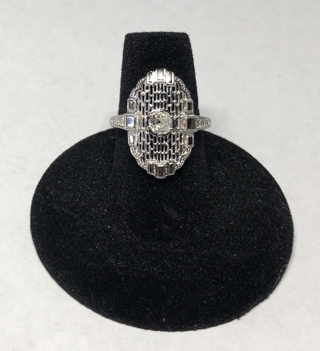 Vintage NOS 14KT White Gold 0.35 Carat Old Mine Cut Diamond Filigree Ladies Ring