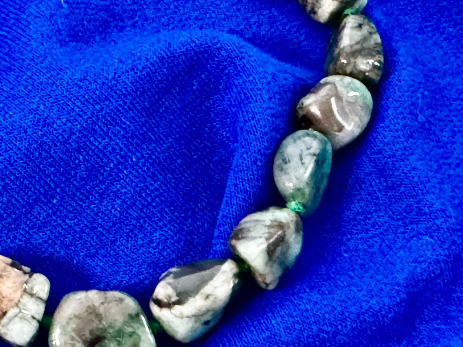 Vintage Chinese Natural Green Jade Beaded Necklace: Tumble Stone Strand 15”
