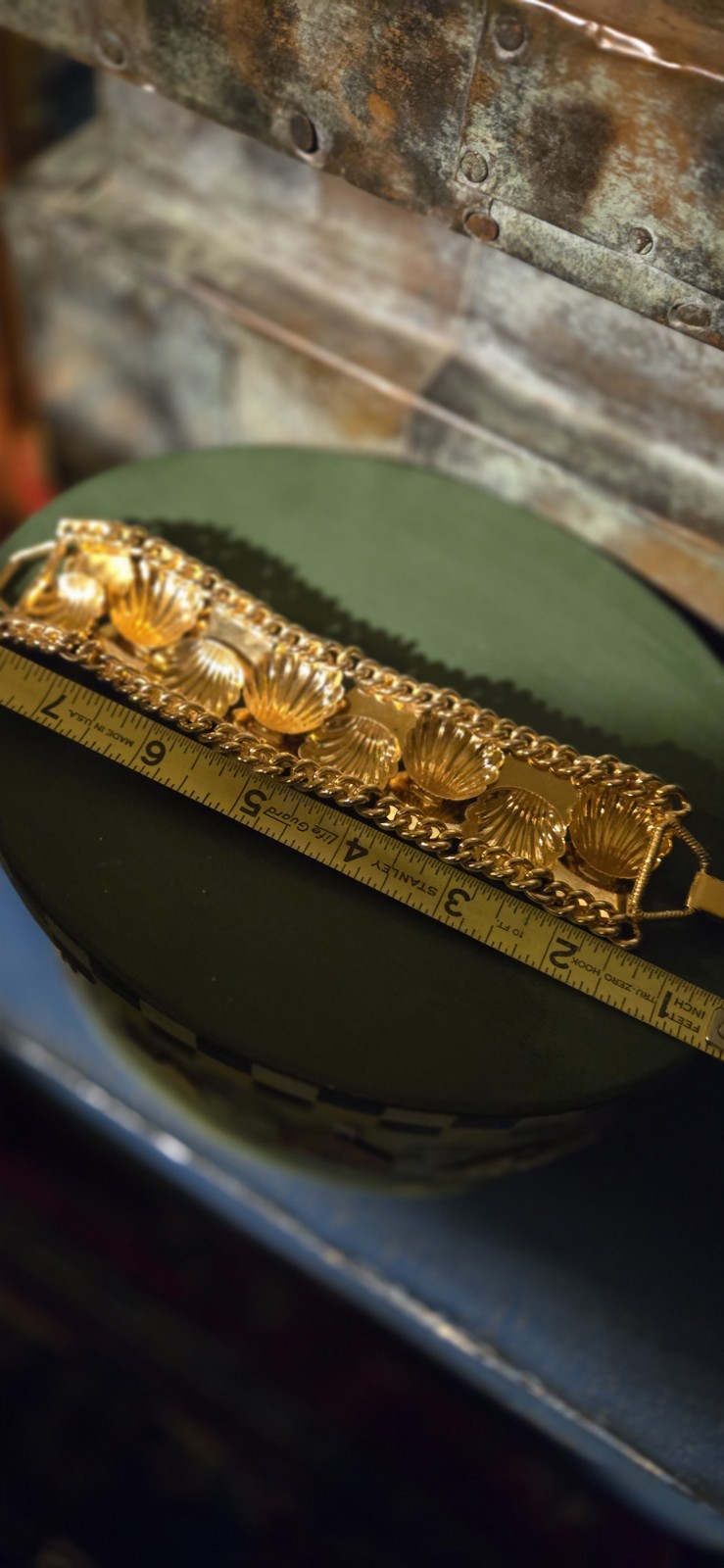 Vintage Gold Tone Metal Shells And Coins Details Bracelet 8″ Long 1.5″ Wide