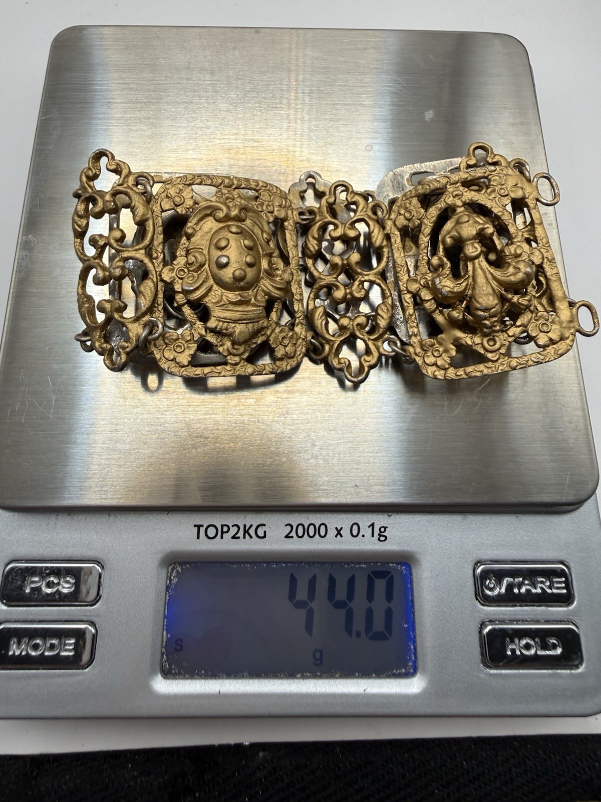 Antique 800 Silver Gilt Filigree Panel Bracelet 44g Ornate 7.5” Gold Washed