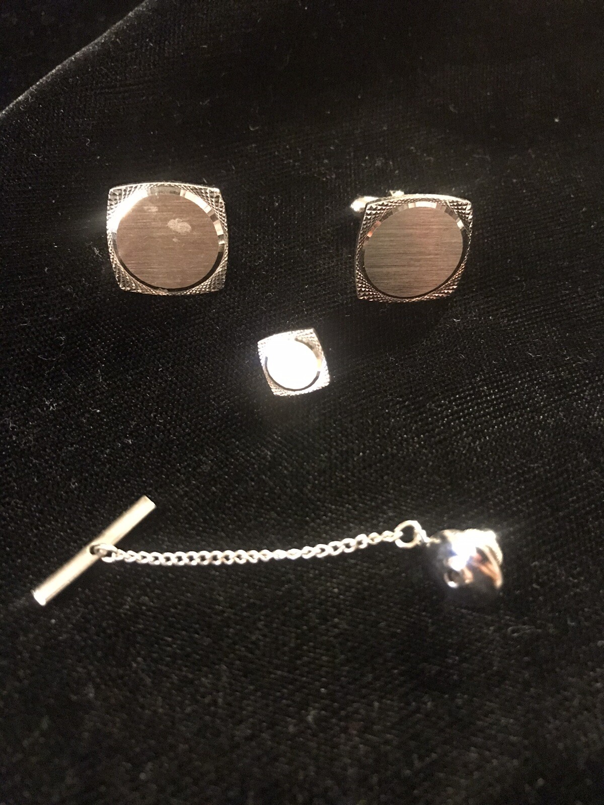 HADLEY Silvertone Square Cufflinks Matching Tie Tack Designer SIgned vtg