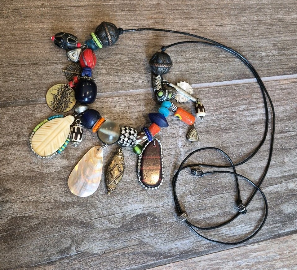 Vintage Eclectic Charm Bead Adjustable Length Leather Cord Necklace