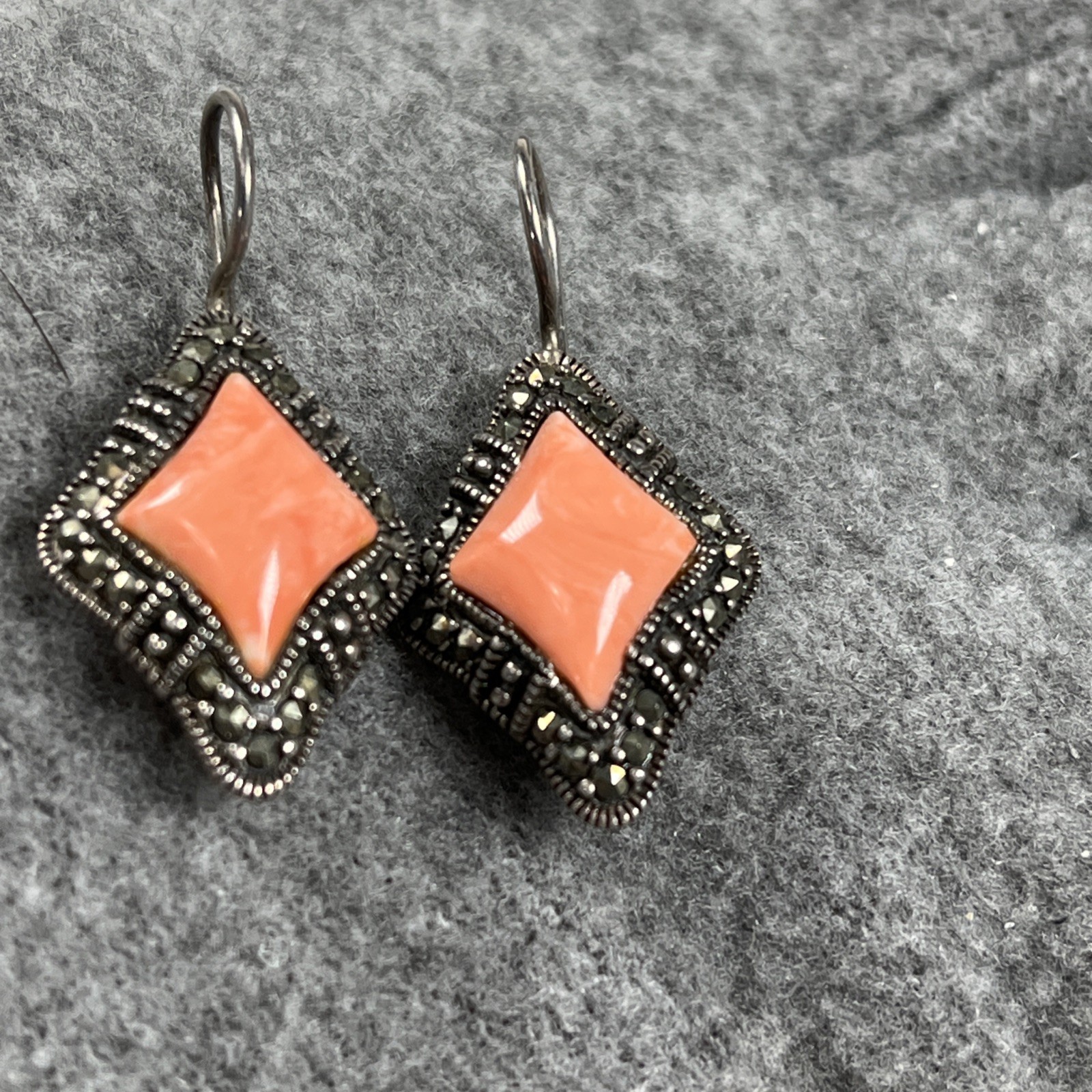 A 925 Vintage Sterling Silver 925 Marcasite Faux Coral Dangle Earrings 6.9g
