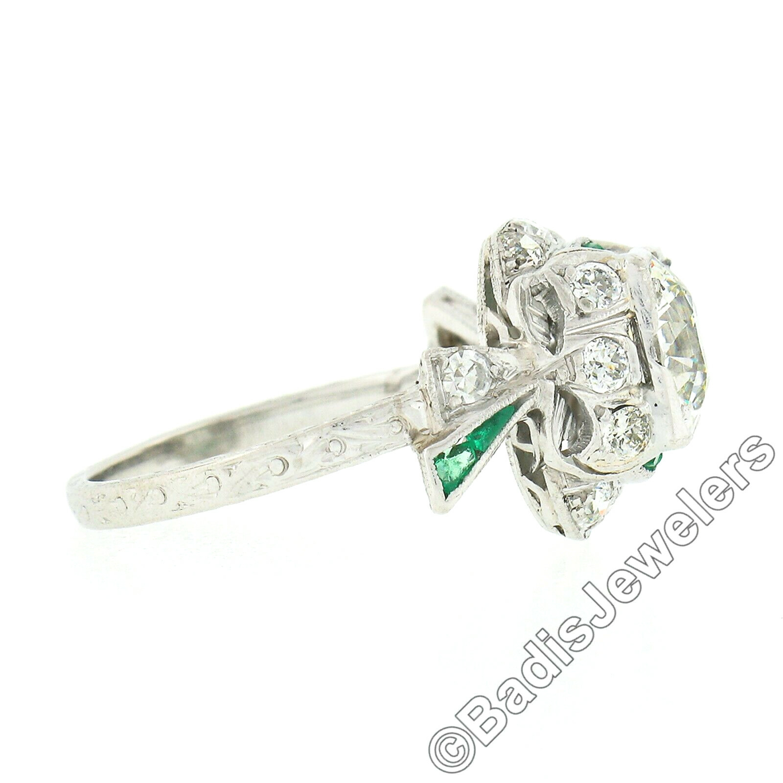 Antique Art Deco Platinum Old European Diamond & Emerald Ribbon Engagement Ring