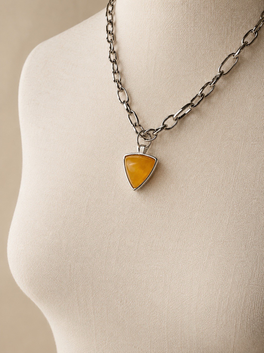 VTG YSL Yves Saint Laurent Amber Resin Triangle Pendant Paperclip Necklace
