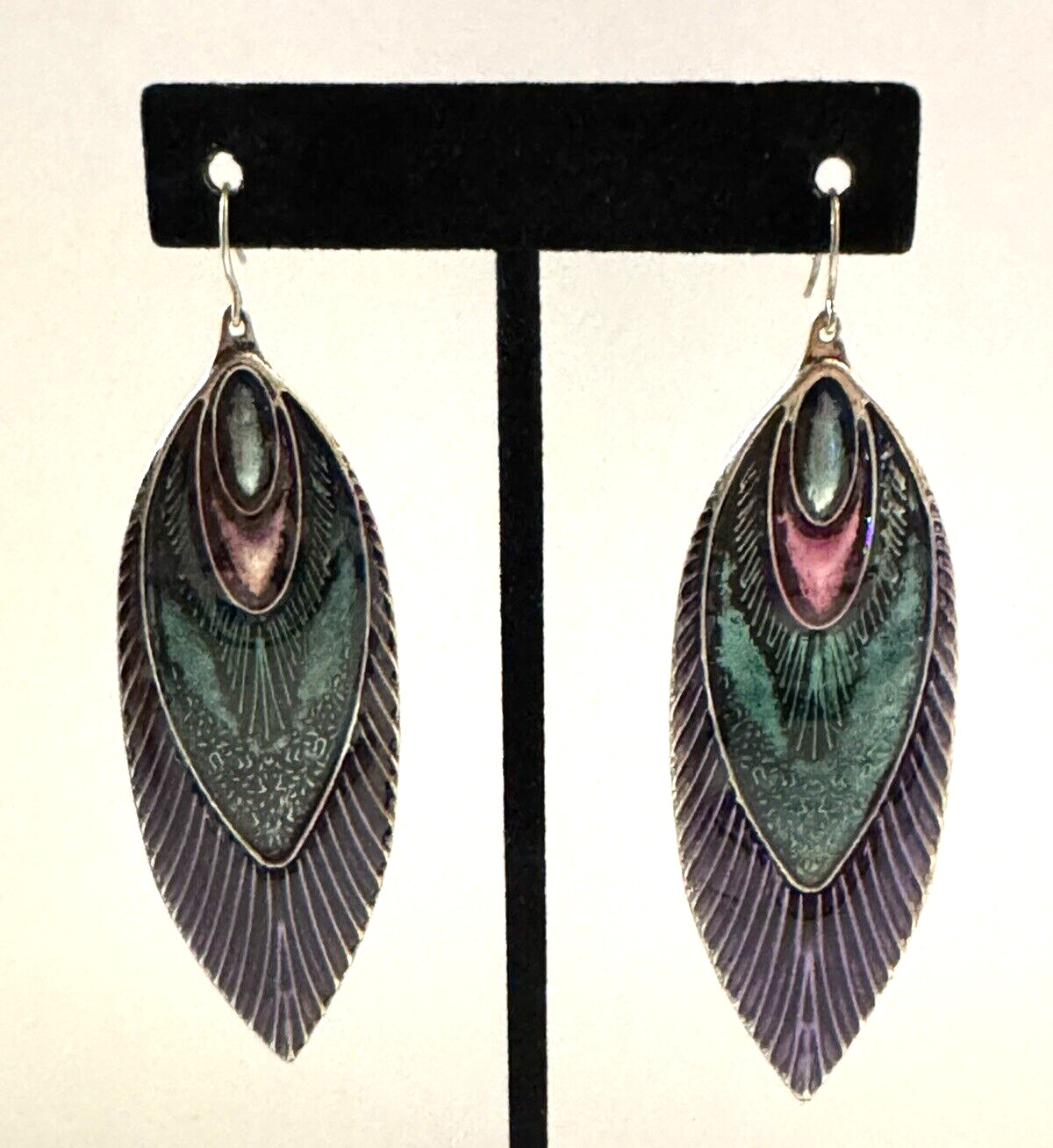 Peacock Design Green Purple Pink Enamel Feather Dangle Pierced Earrings Estate