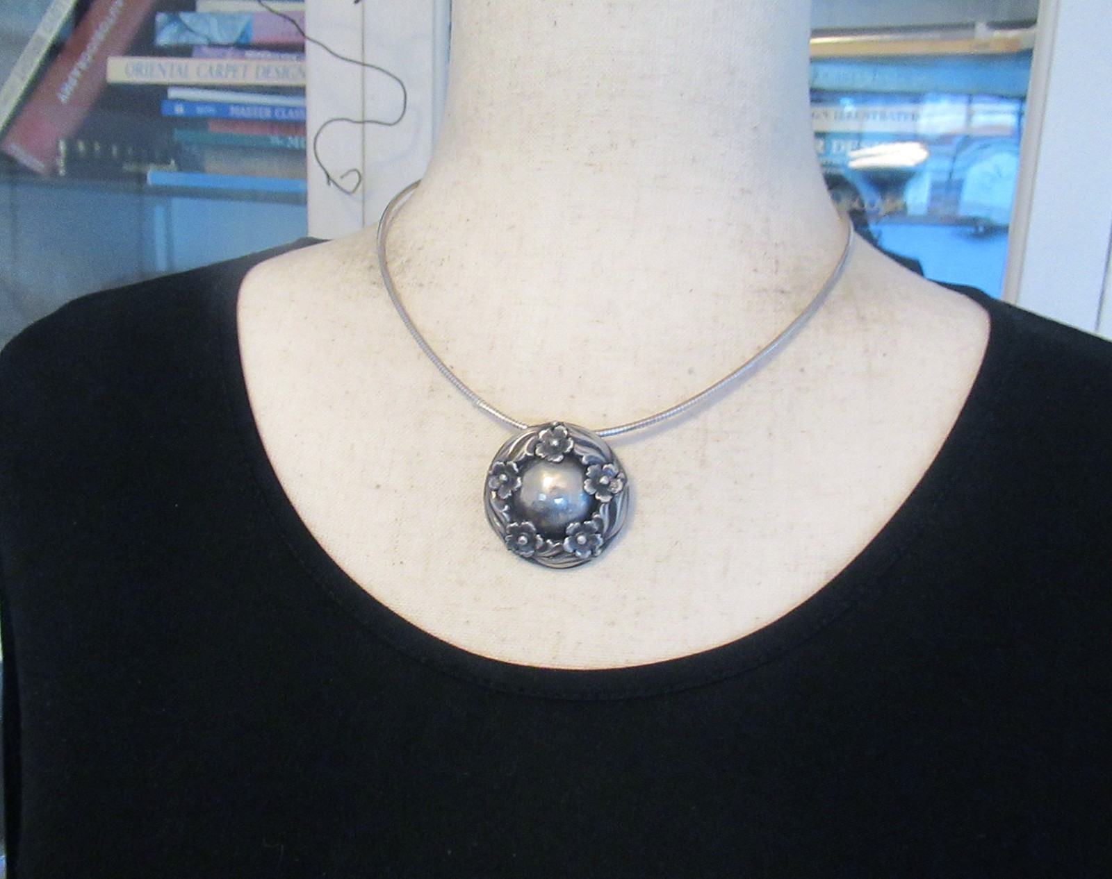 VINTAGE STERLING DENMARK N E FROM DENMARK NECKLACE PENDANT, 1 3/8 INCHES, 22 GRM