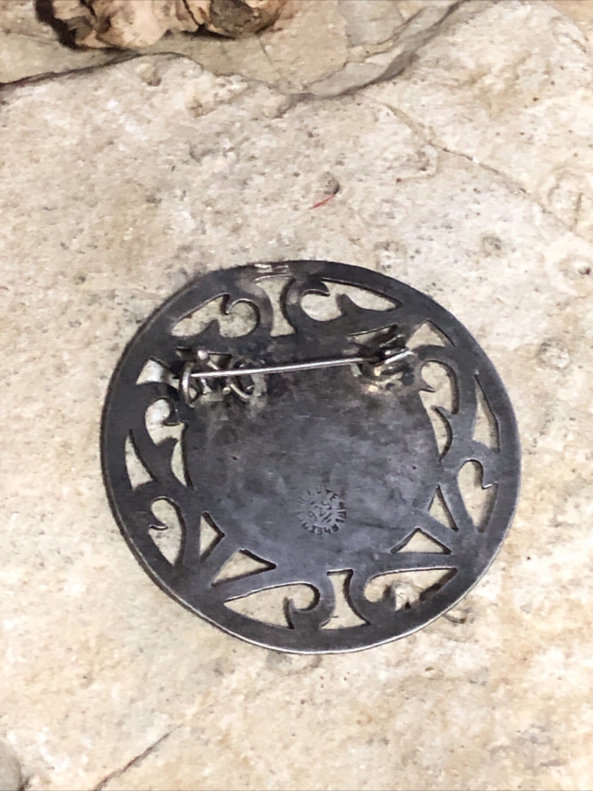 39. Vintage Old Tribal 925 Sterling Mayan Round Cut Out Pin Guatemala 45mm, 9g