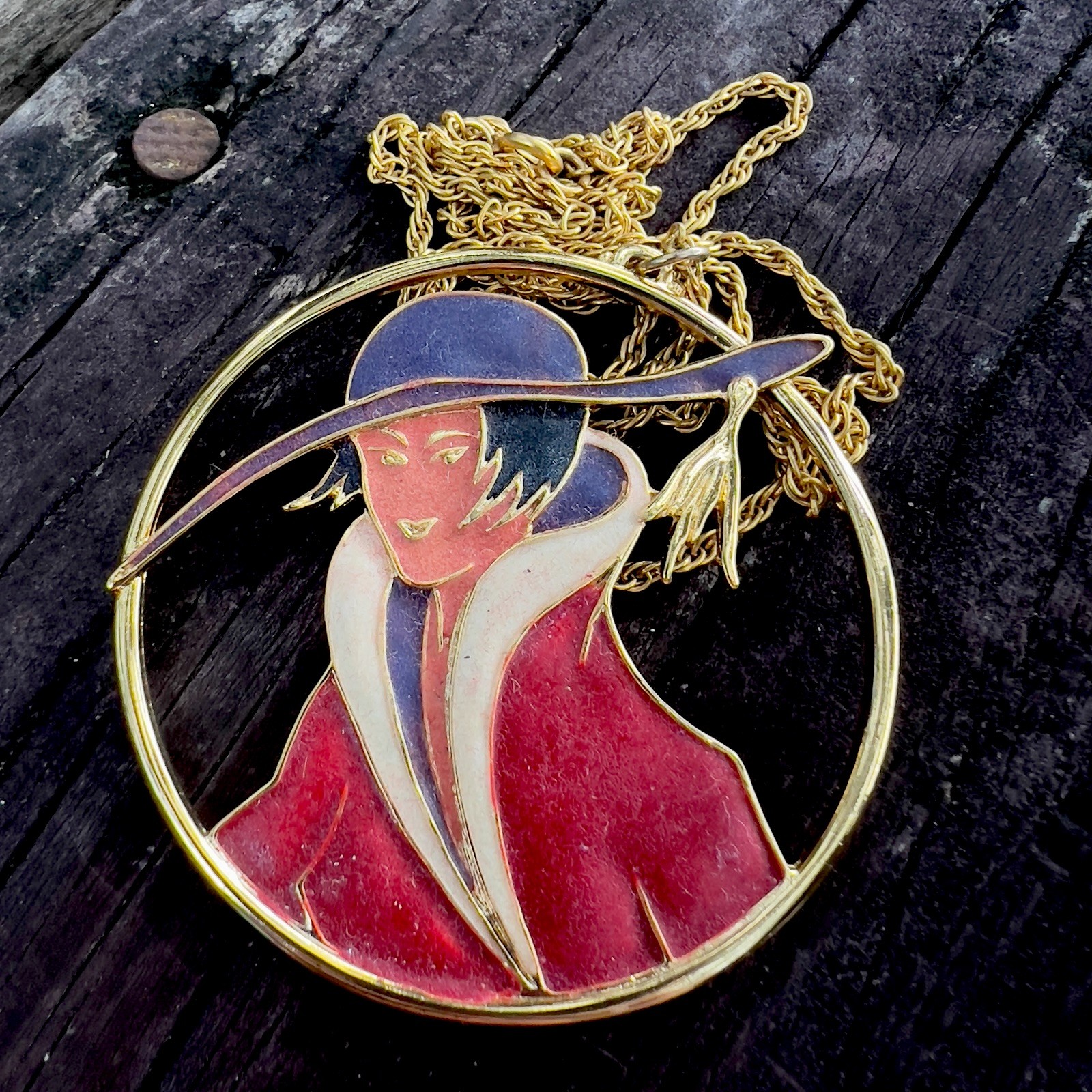 Vtg ORENA Paris Enamel French Art Deco Style Sophisticated Lady Necklace