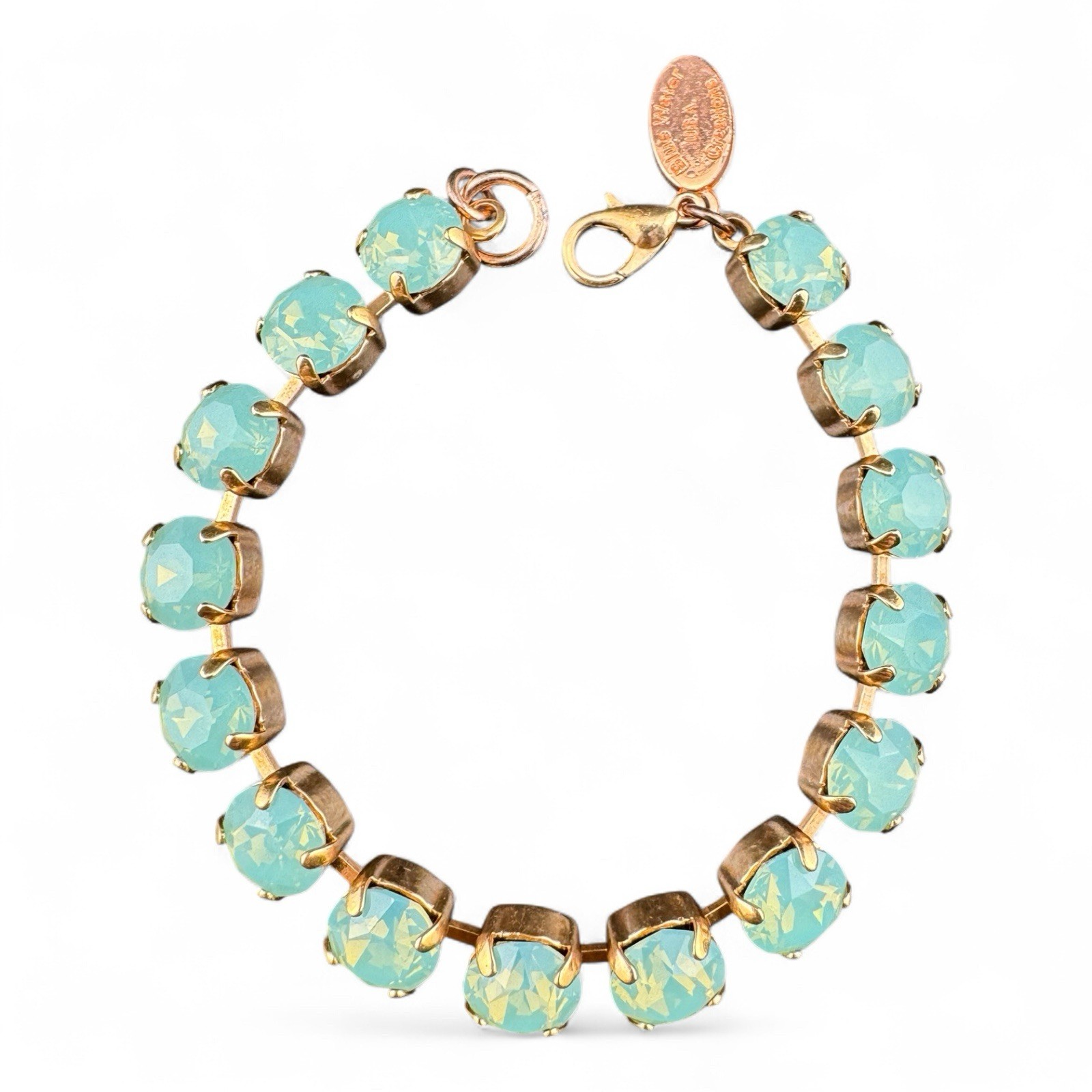 “Blue Water Creations” Gold Tone & Pacific Opal Austrian Crystal Tennis Bracelet
