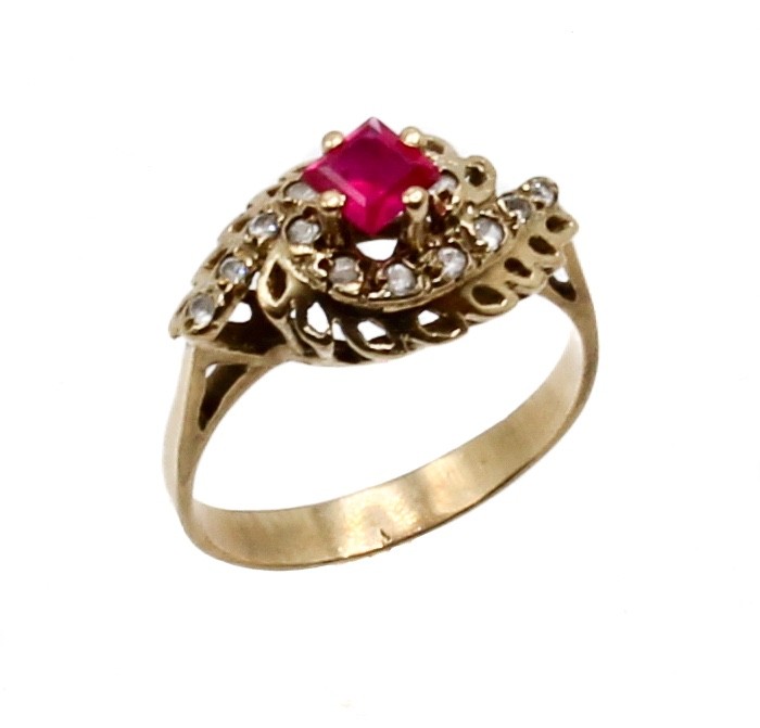 Vintage 10K Gold Princess Cut Ruby Clear Quartz Ornate Filigree Halo Ring Size 6
