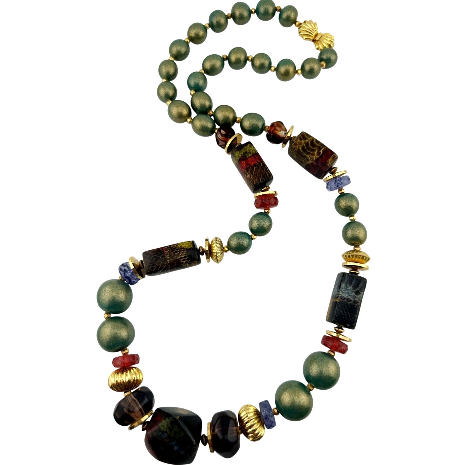 Vintage 1980s Bold Chunky Green Croc Print Crystal Acrylic 35” Necklace