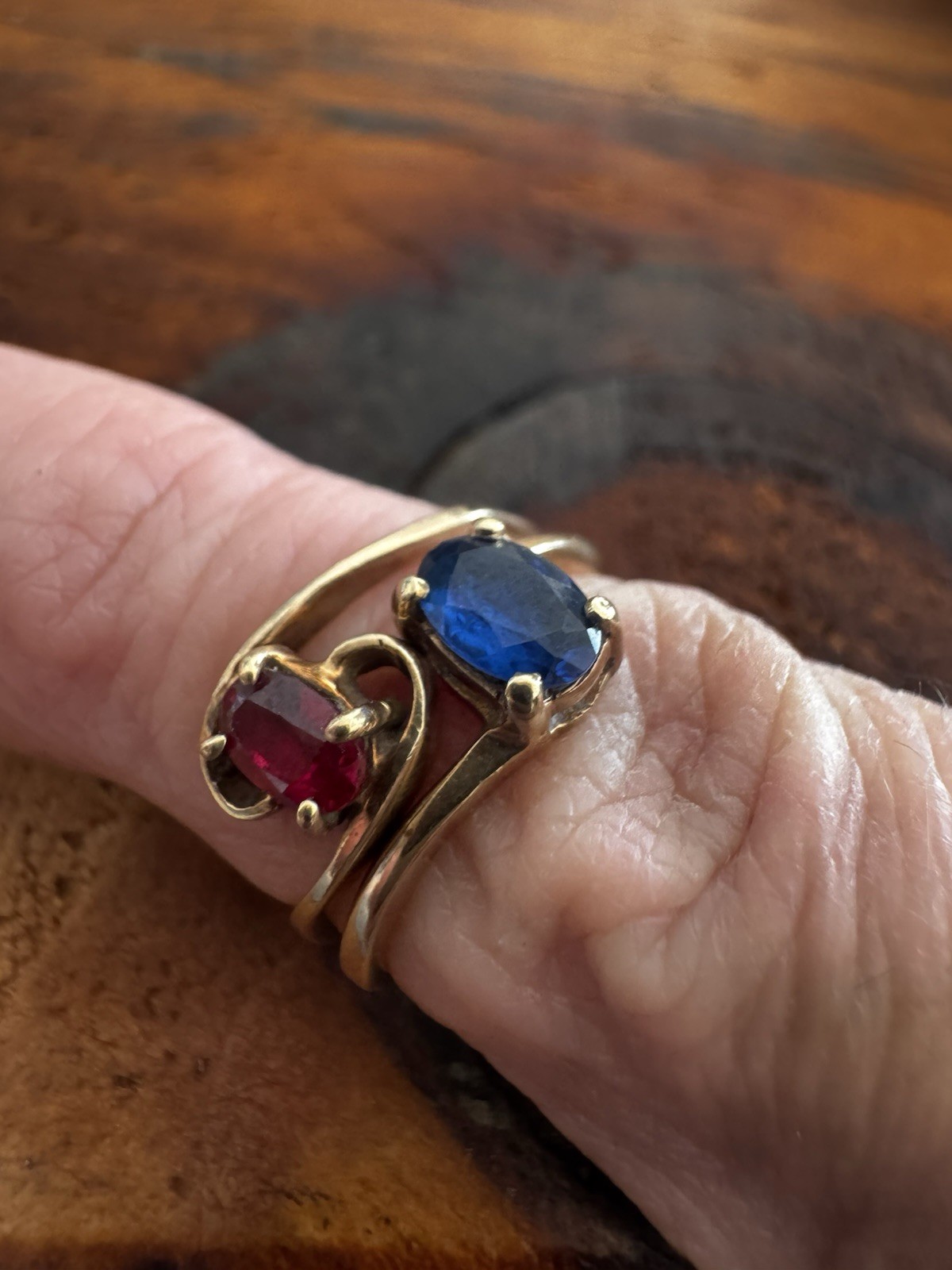 VTG 10K Yellow Gold Two Rings Toi et Moi Ruby Sapphire Ring Set sz 4.25 2.39 Gr