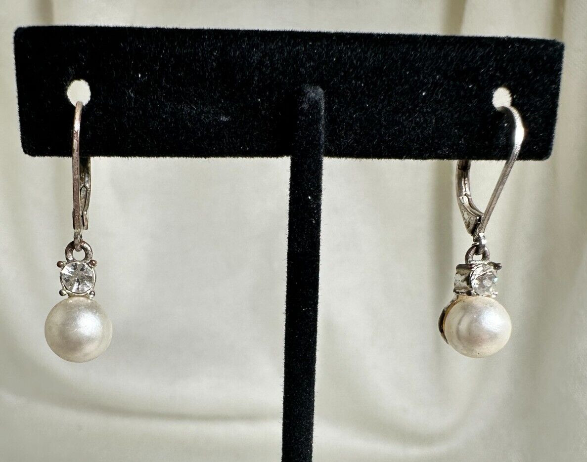 White Faux Pearl Dangle Earrings with Round CZ – Silver Tone Leverback – 1″