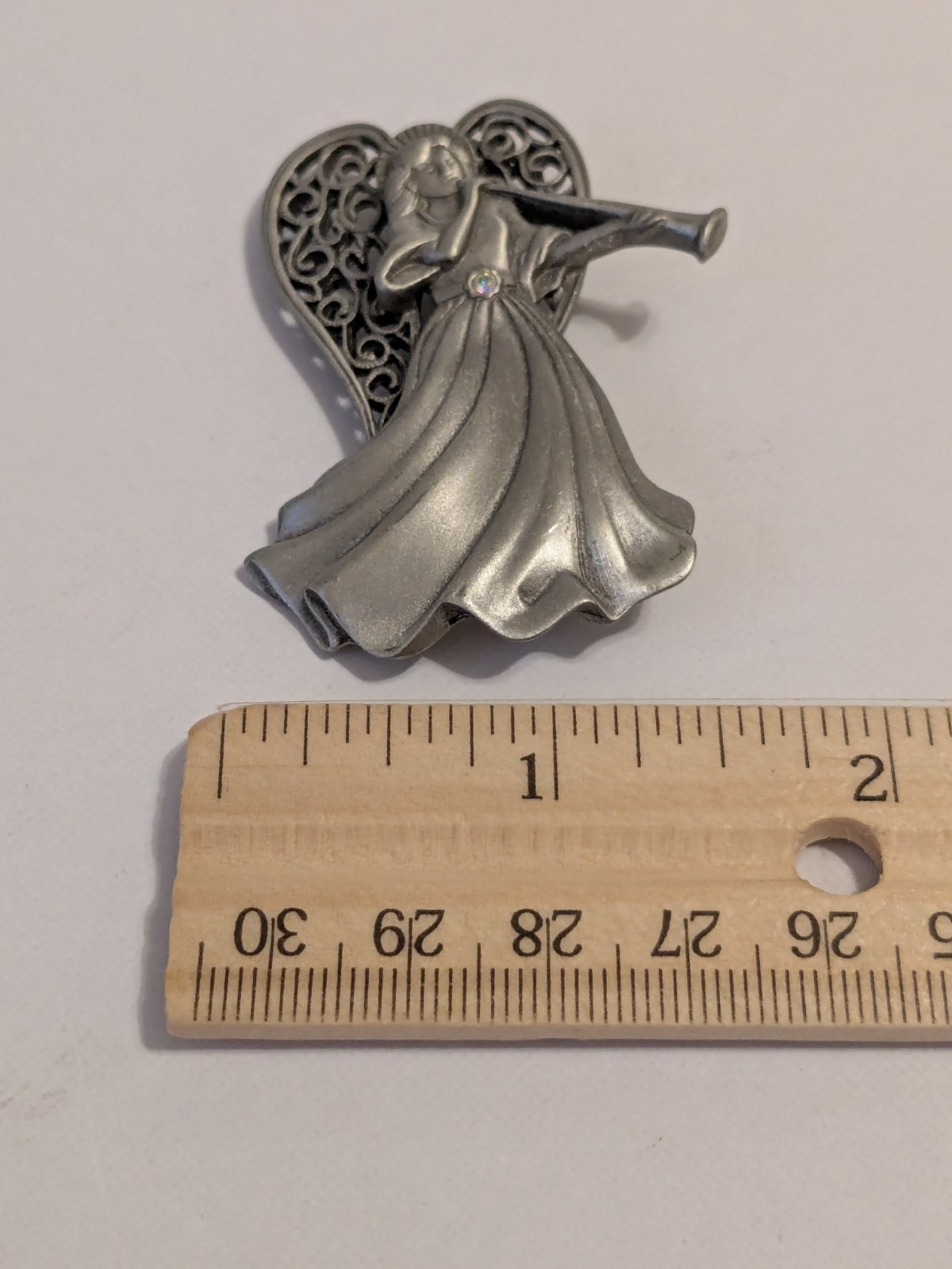 JJ Jonette Vintage Silver Tone Pewter Angel & Horn Brooch With Rhinestone 2.5″.