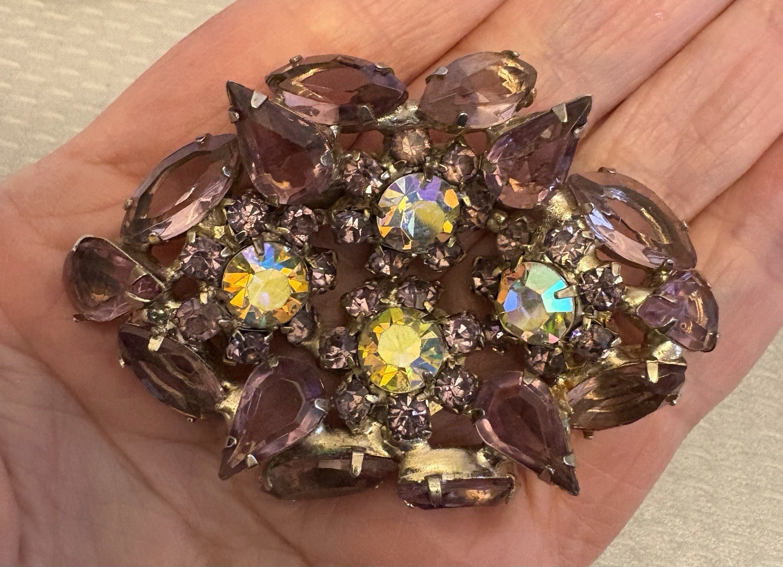 Vintage Smoky Lavendar AB Rhinestone Brooch Open Back Prong Set Cluster unsigned