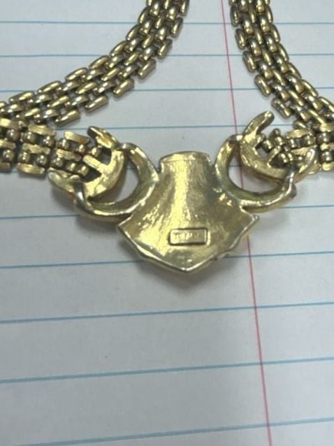 Vintage Trifari Gold Tone Mesh Chain Necklace with Cream Enamel Pendant