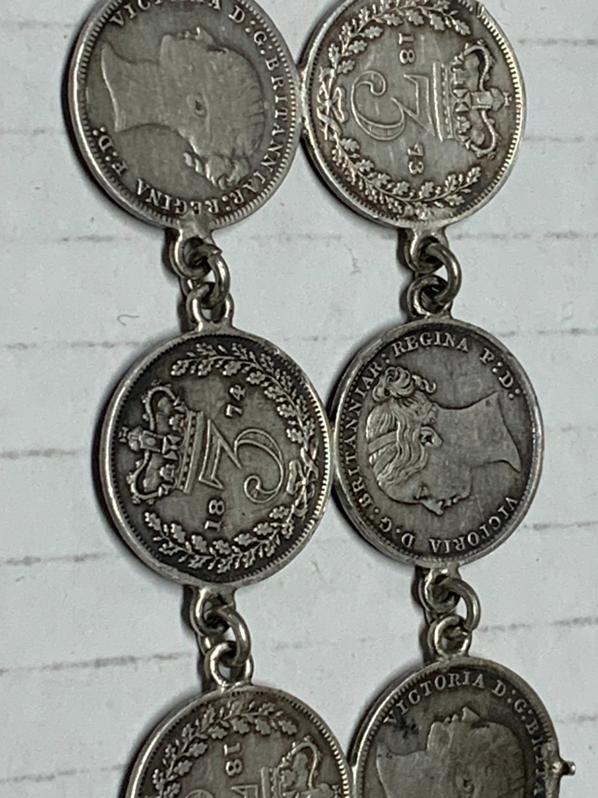 VINTAGE BRITISH COIN LINK BRACELET VICTORIAN ERA, 20-3 PENCE COINS 1873-1884