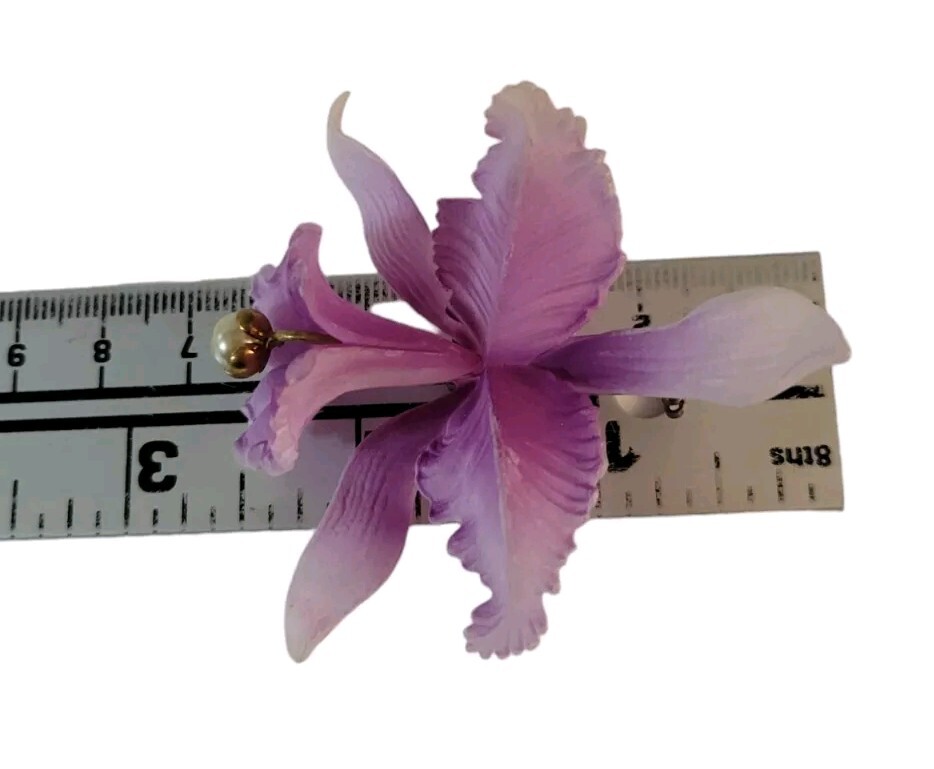 Vintage Acrylic Orchid Brooch With Pearl Purple Germany 2.5″