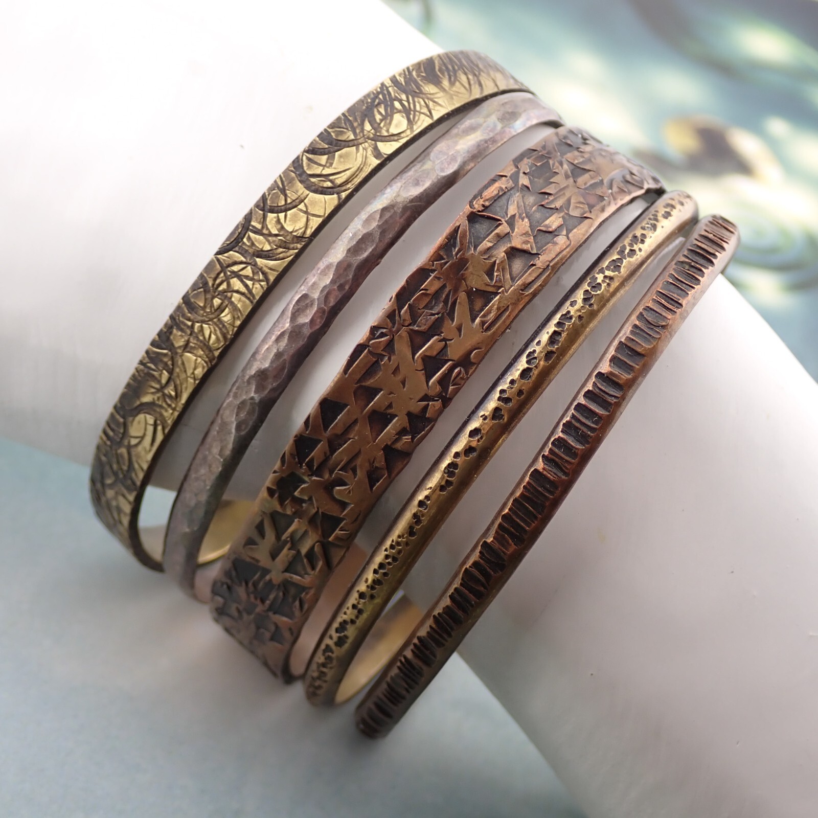 VTG Mixed Metal Sterling Silver 5 Row 7″ Hammered Stamped Textured Cuff Bracelet