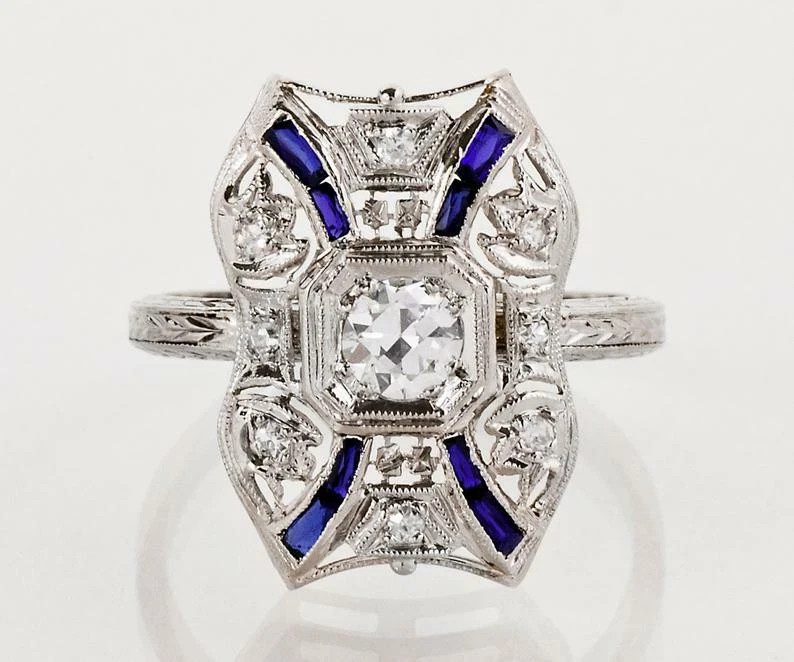 Art Deco Style 1.2Ct Lab Created Diamond Sapphire Wedding Ring 14K White Gold FN