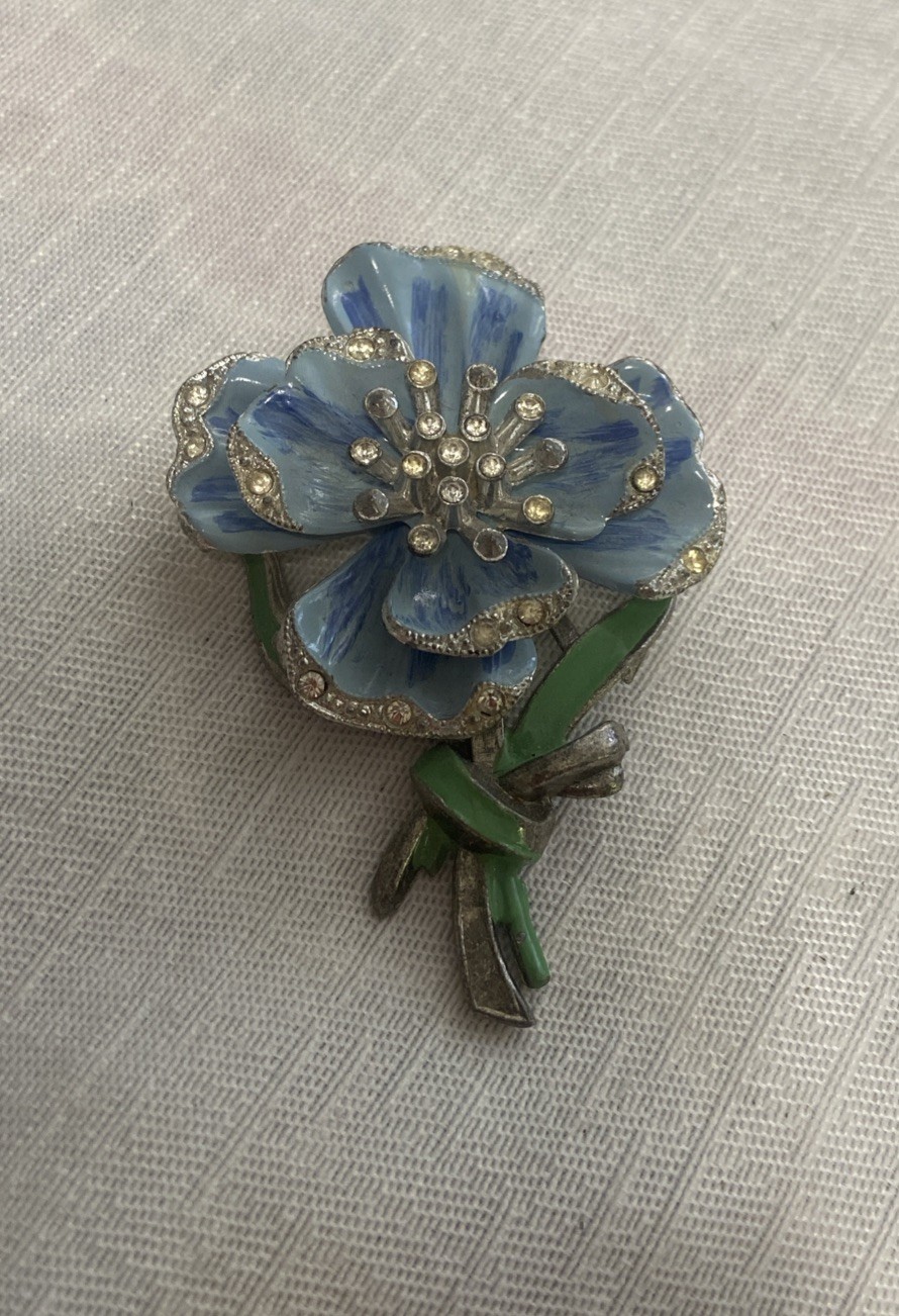 New England Glass Works Trembler Brooch Blue Pansy Flower Enamel Pot Metal
