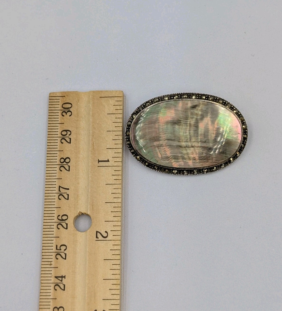 MYG Vintage Sterling Silver Oval Abalone Shell & Marcasite Stone 925 Pin Brooch